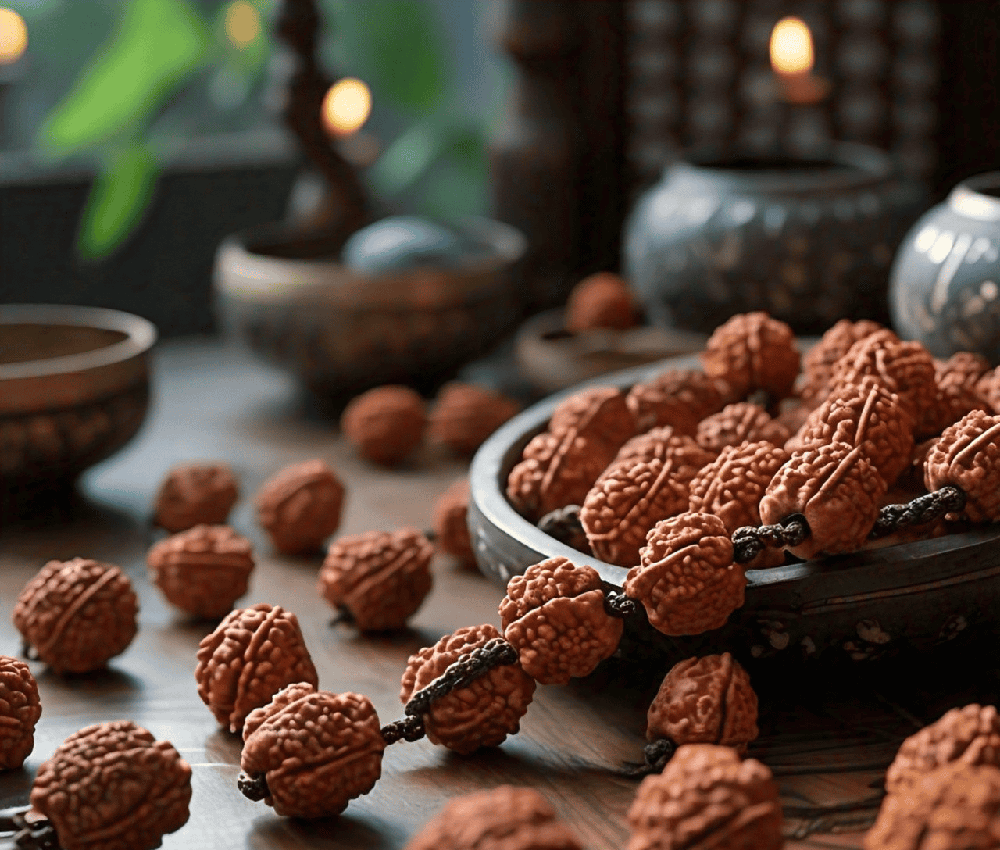 An image depicting a peaceful environment for mindfulness practices, with Rudraksha beads as a focal point for meditation and relaxation